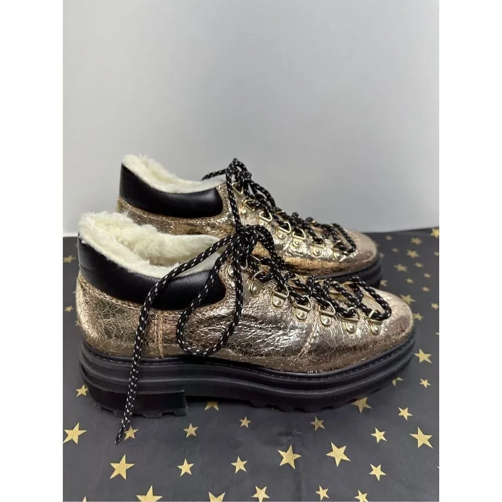 SCHUTZ Shoes Womens Size 5B Boots Shearling Lace Up Hiker Booties Gold‎ Leather
